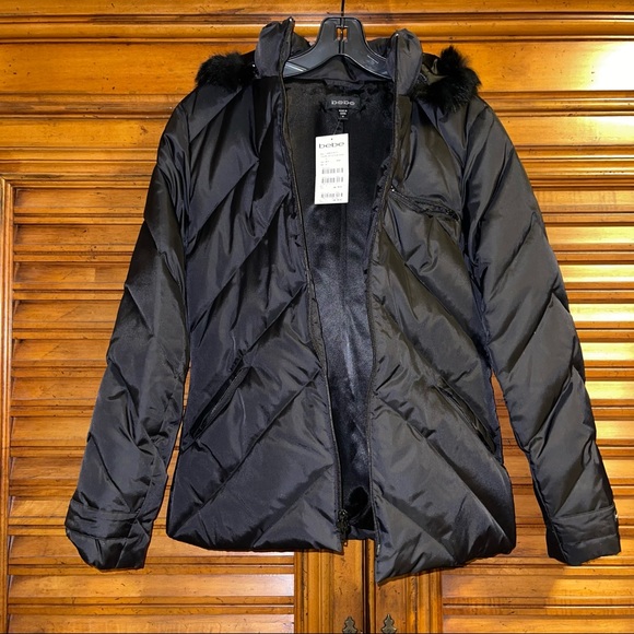 New BEBE Rabbit-Fur-Trim Hooded Puffer jacket Coat Black - Picture 5 of 9